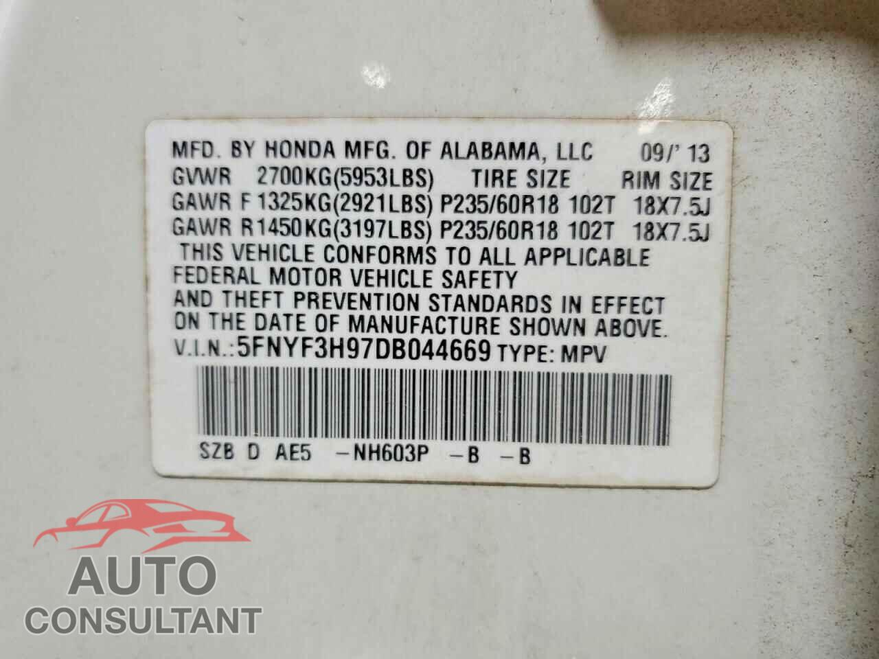 HONDA PILOT 2013 - 5FNYF3H97DB044669