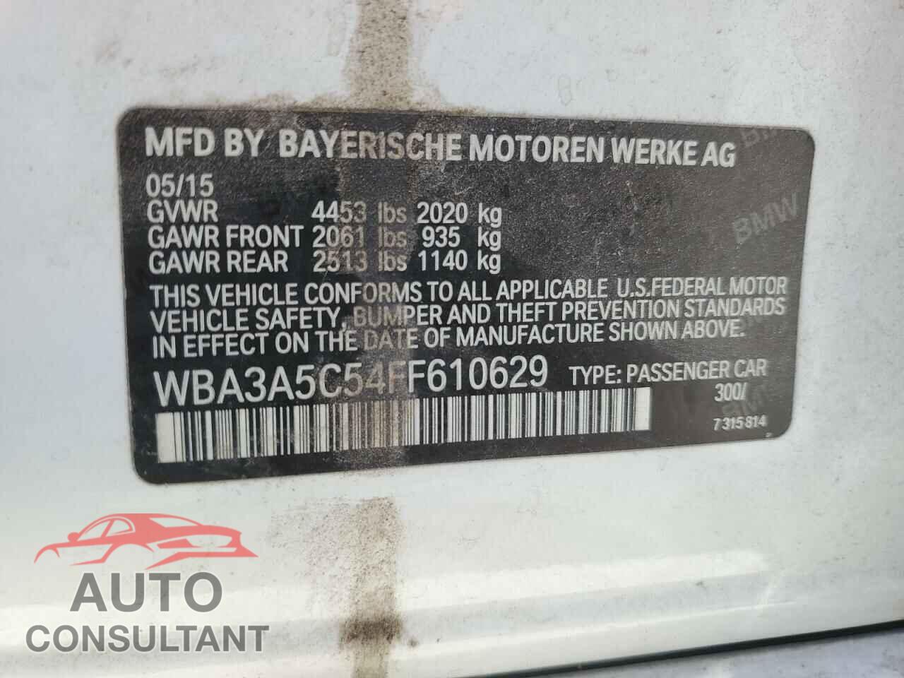 BMW 3 SERIES 2015 - WBA3A5C54FF610629