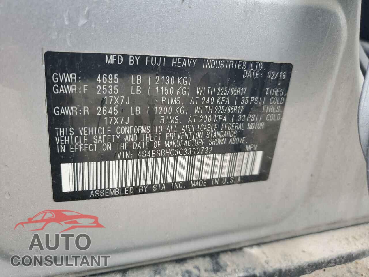 SUBARU OUTBACK 2016 - 4S4BSBHC3G3300732