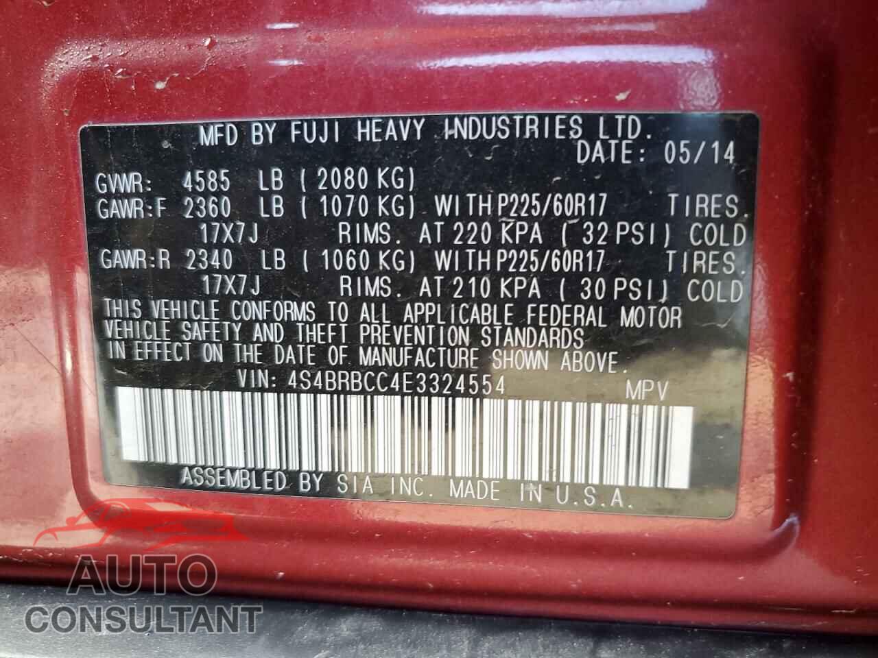 SUBARU OUTBACK 2014 - 4S4BRBCC4E3324554