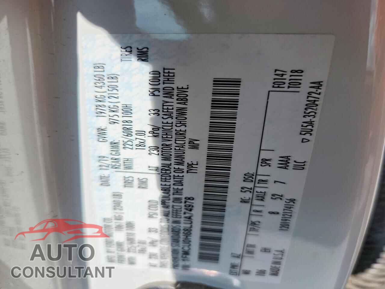 FORD ESCAPE 2020 - 1FMCU0H68LUA74978