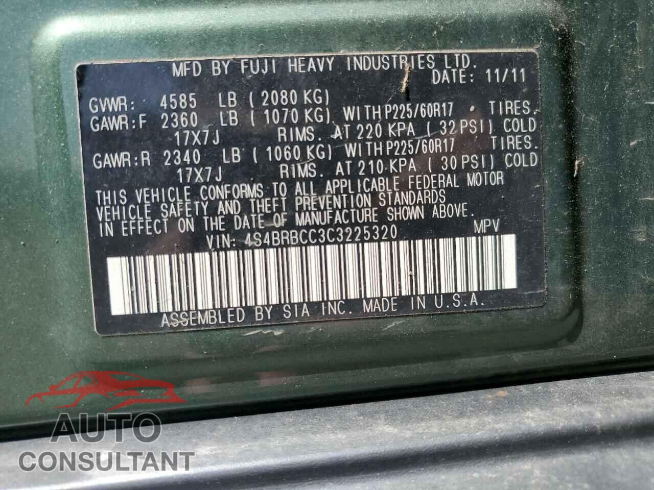 SUBARU OUTBACK 2012 - 4S4BRBCC3C3225320