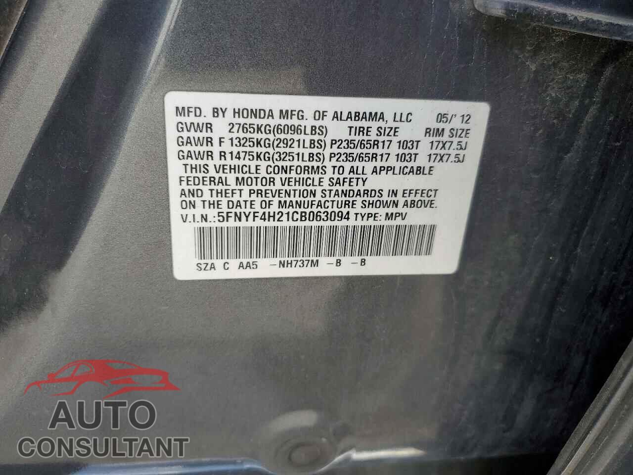 HONDA PILOT 2012 - 5FNYF4H21CB063094