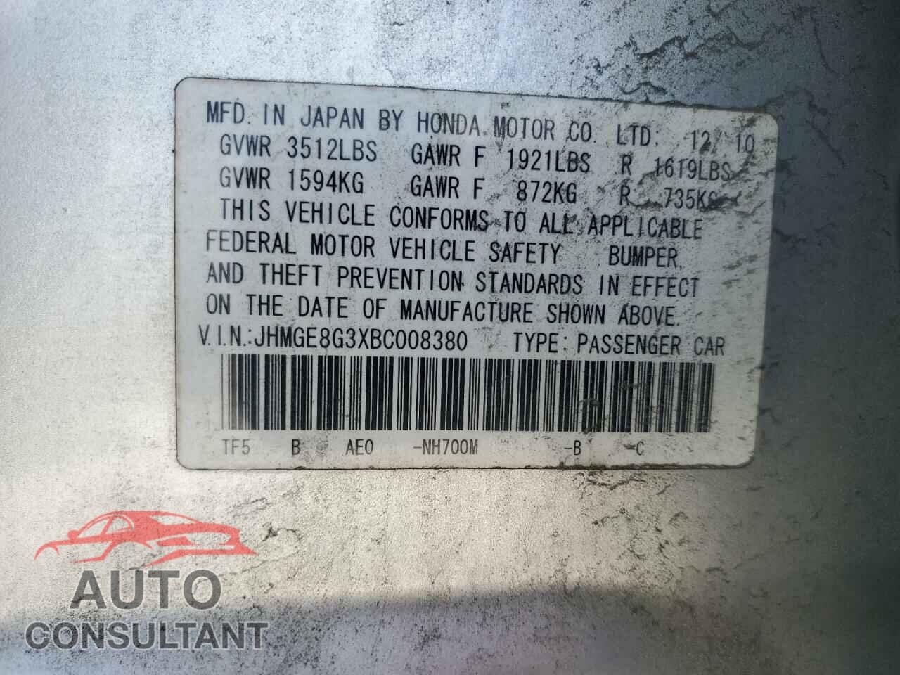 HONDA FIT 2011 - JHMGE8G3XBC008380