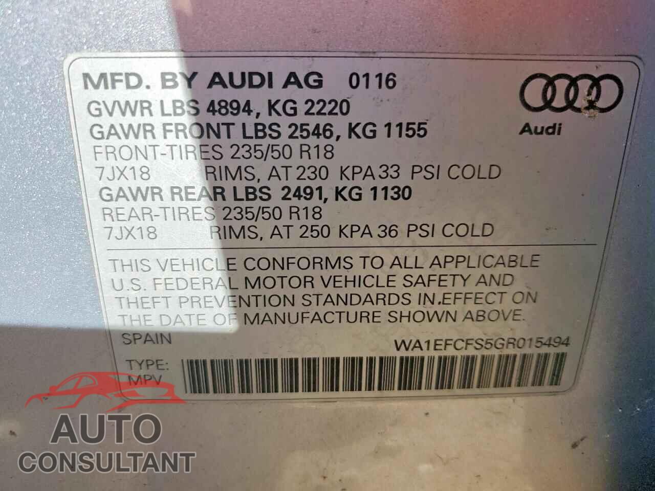AUDI Q3 2016 - WA1EFCFS5GR015494