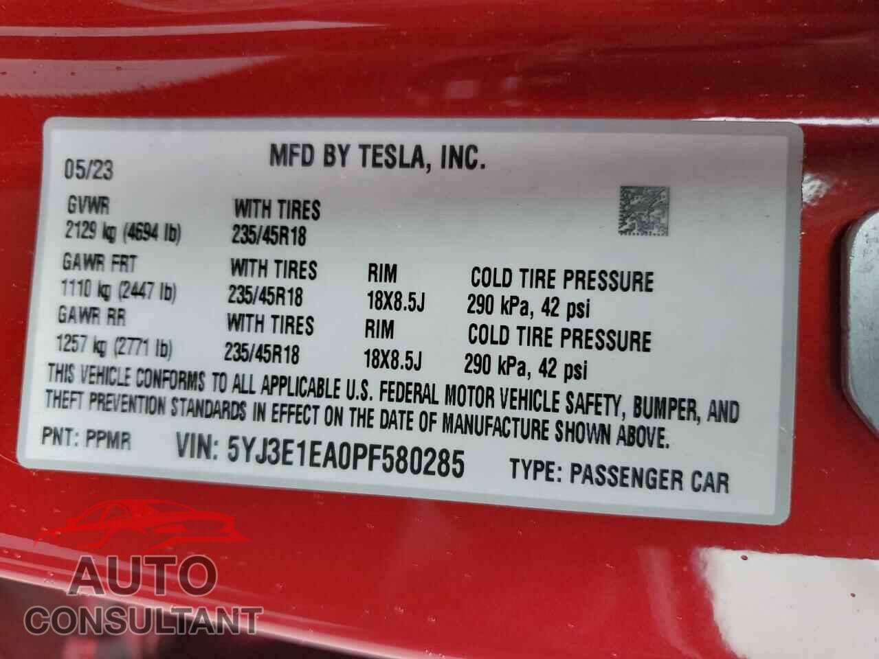 TESLA MODEL 3 2023 - 5YJ3E1EA0PF580285