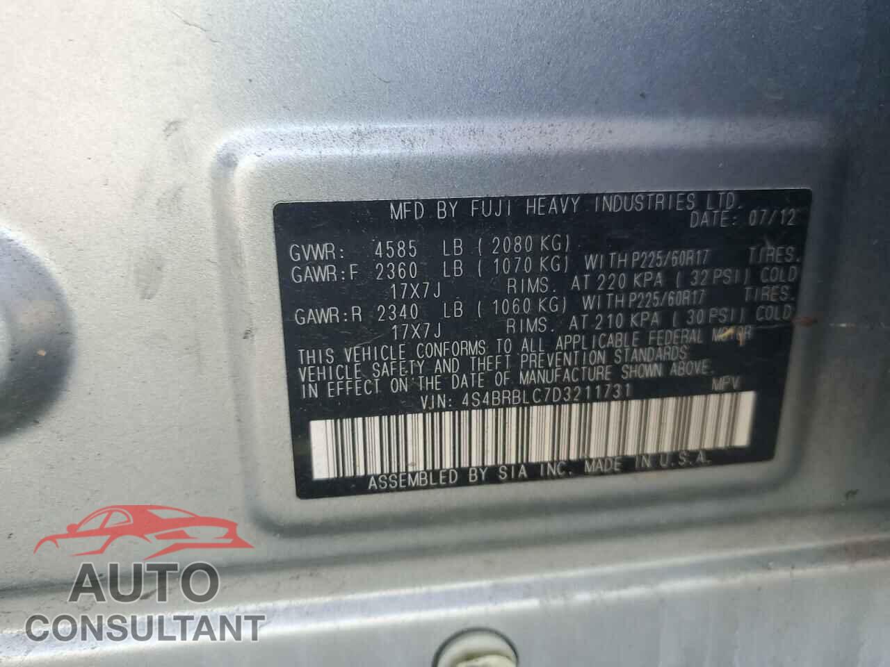 SUBARU OUTBACK 2013 - 4S4BRBLC7D3211731