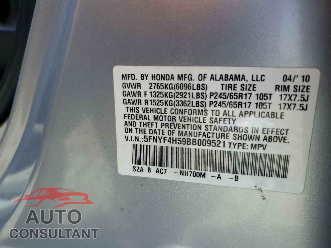 HONDA PILOT 2011 - 5FNYF4H59BB009521