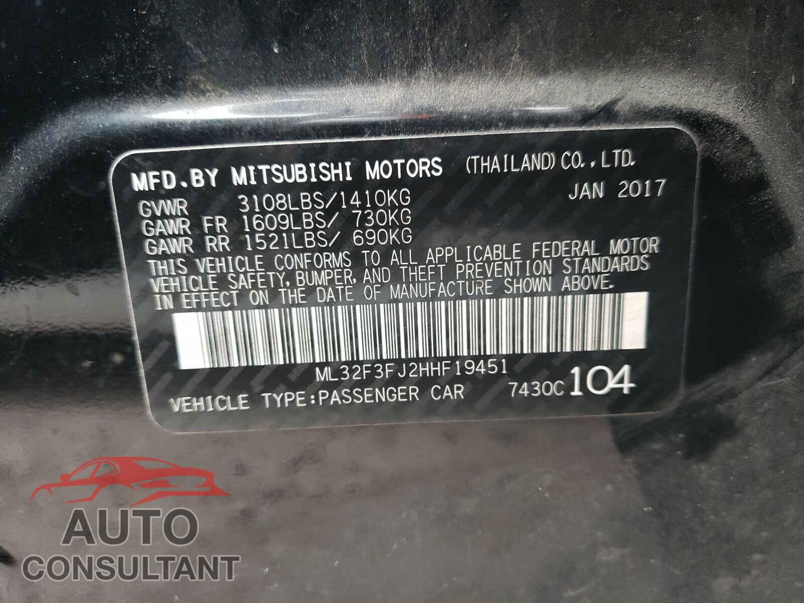 MITSUBISHI MIRAGE 2017 - ML32F3FJ2HHF19451