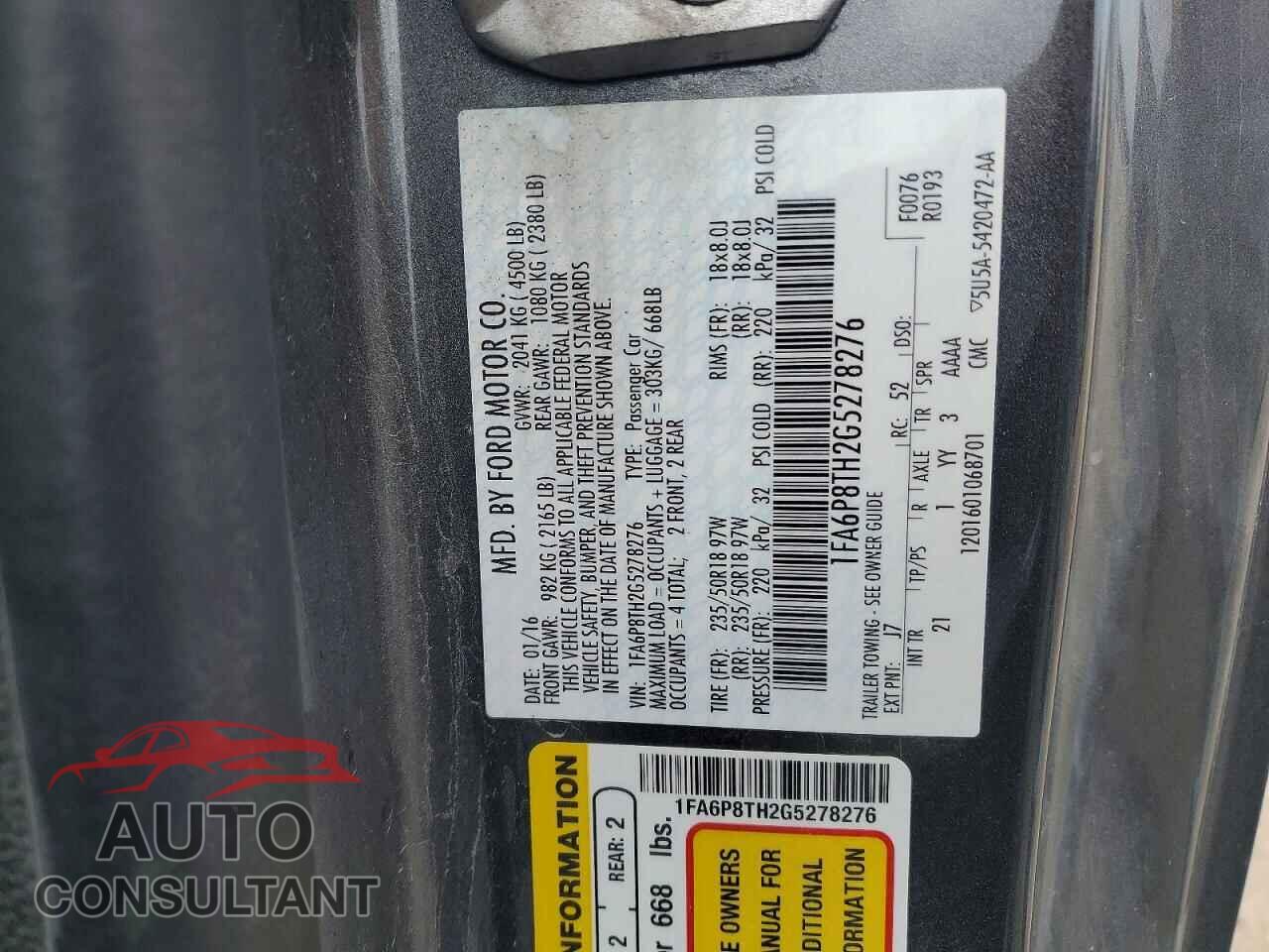 FORD MUSTANG 2016 - 1FA6P8TH2G5278276