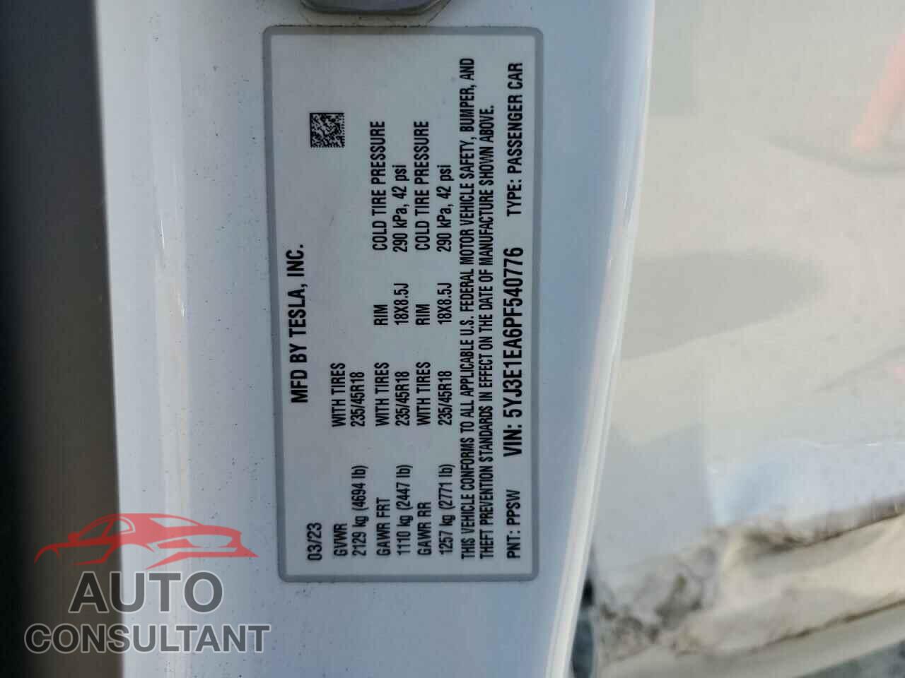 TESLA MODEL 3 2023 - 5YJ3E1EA6PF540776