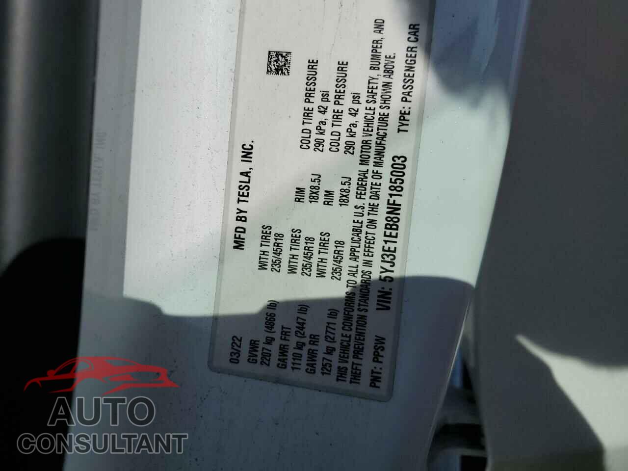 TESLA MODEL 3 2022 - 5YJ3E1EB8NF185003