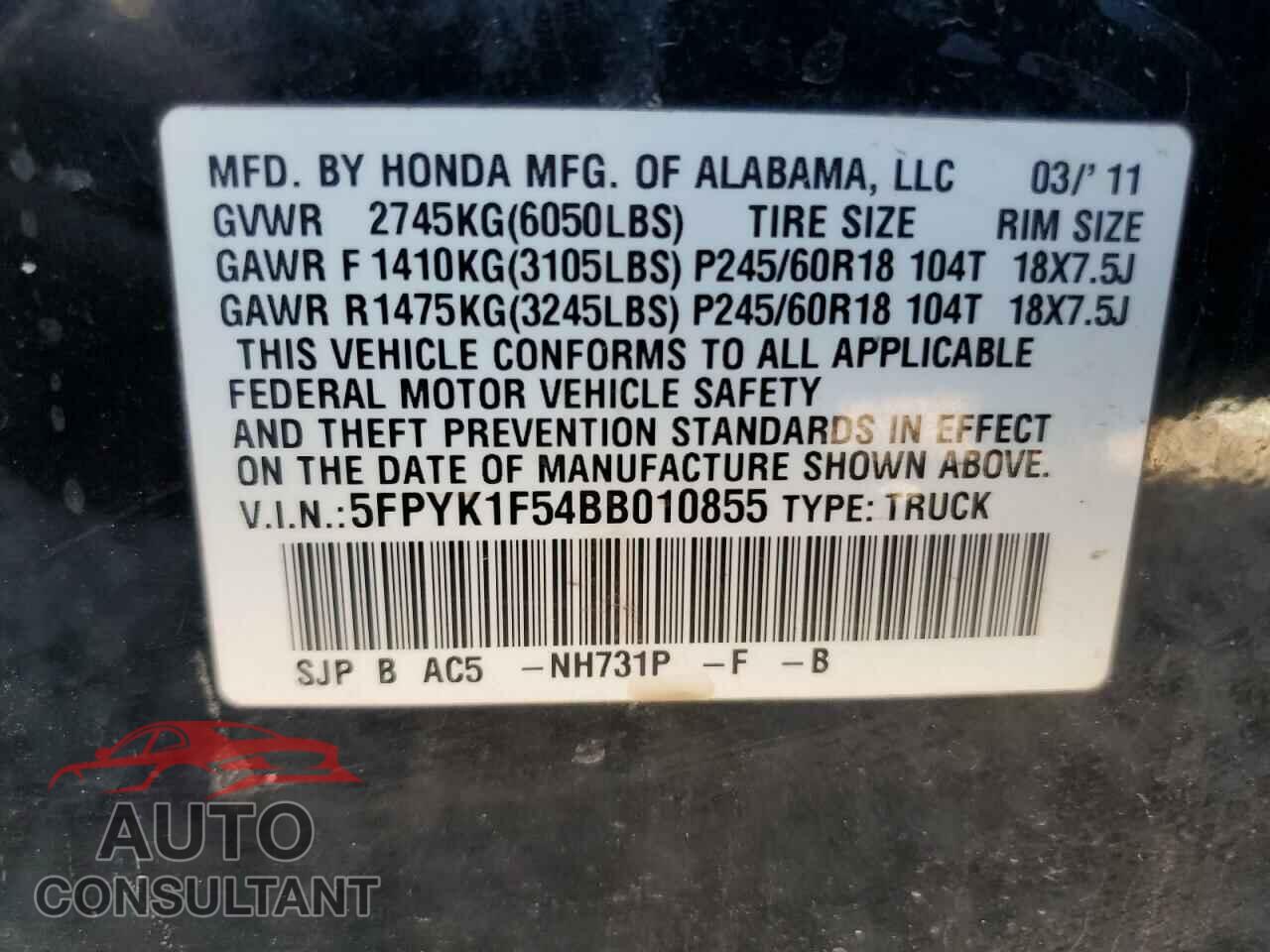 HONDA RIDGELINE 2011 - 5FPYK1F54BB010855