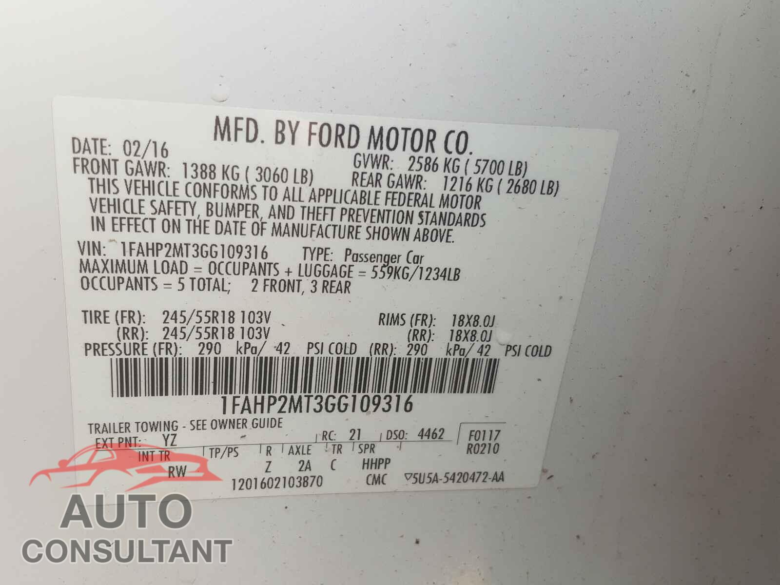 FORD TAURUS 2016 - 1FAHP2MT3GG109316