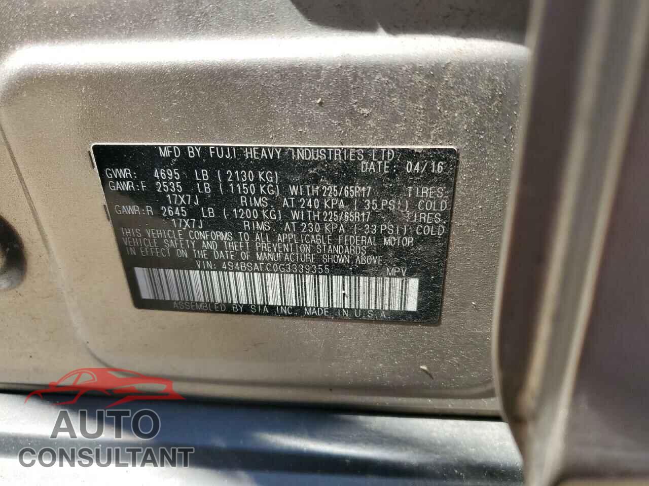 SUBARU OUTBACK 2016 - 4S4BSAFC0G3339355
