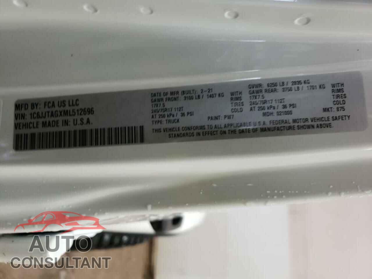 JEEP GLADIATOR 2021 - 1C6JJTAGXML512696