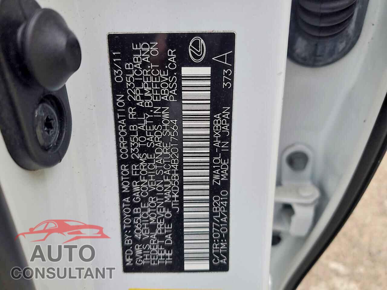 LEXUS CT 200 2011 - JTHKD5BH4B2017564