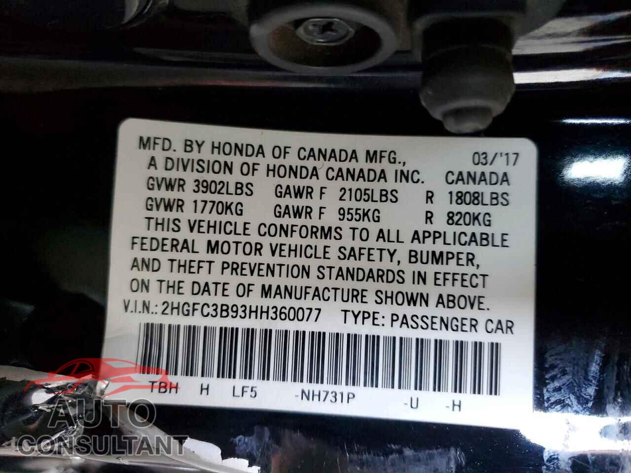 HONDA CIVIC 2017 - 2HGFC3B93HH360077