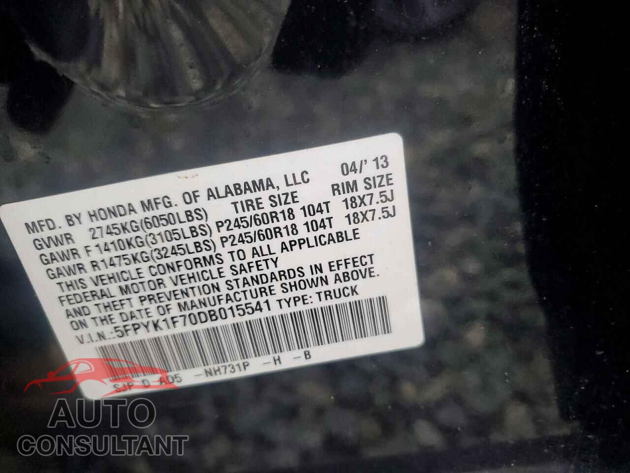 HONDA RIDGELINE 2013 - 5FPYK1F70DB015541