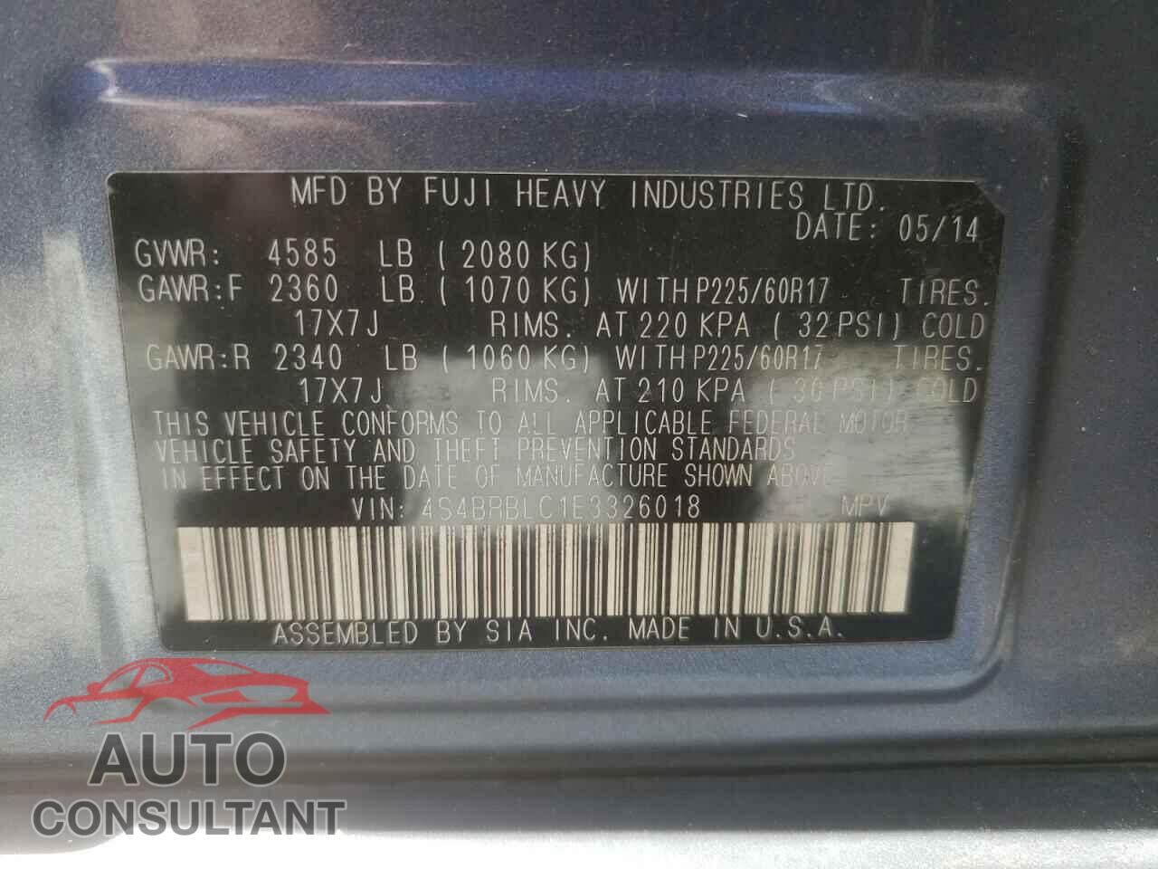 SUBARU OUTBACK 2014 - 4S4BRBLC1E3326018