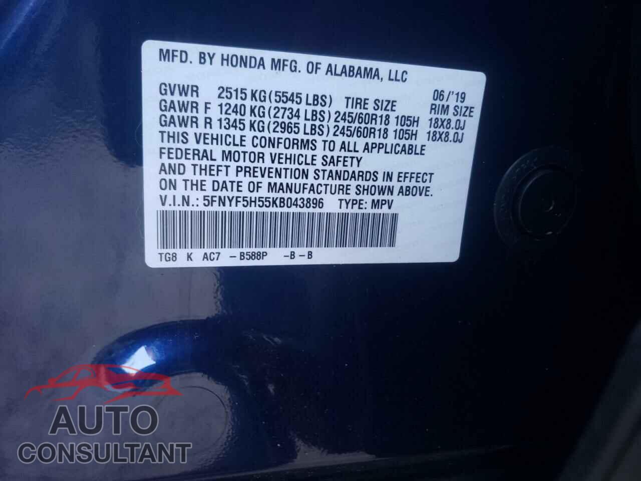 HONDA PILOT 2019 - 5FNYF5H55KB043896