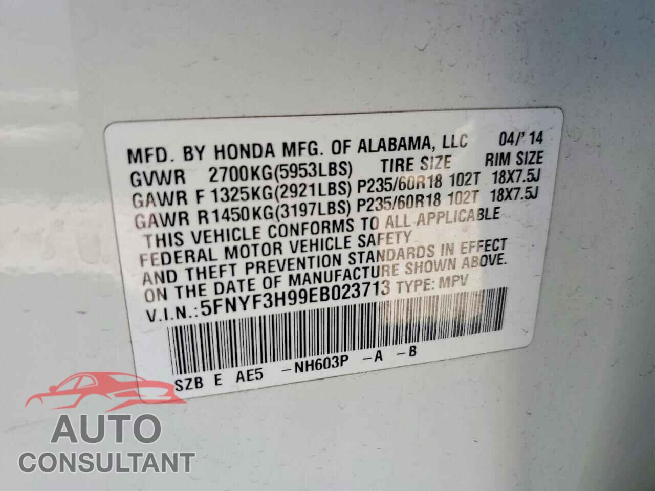 HONDA PILOT 2014 - 5FNYF3H99EB023713