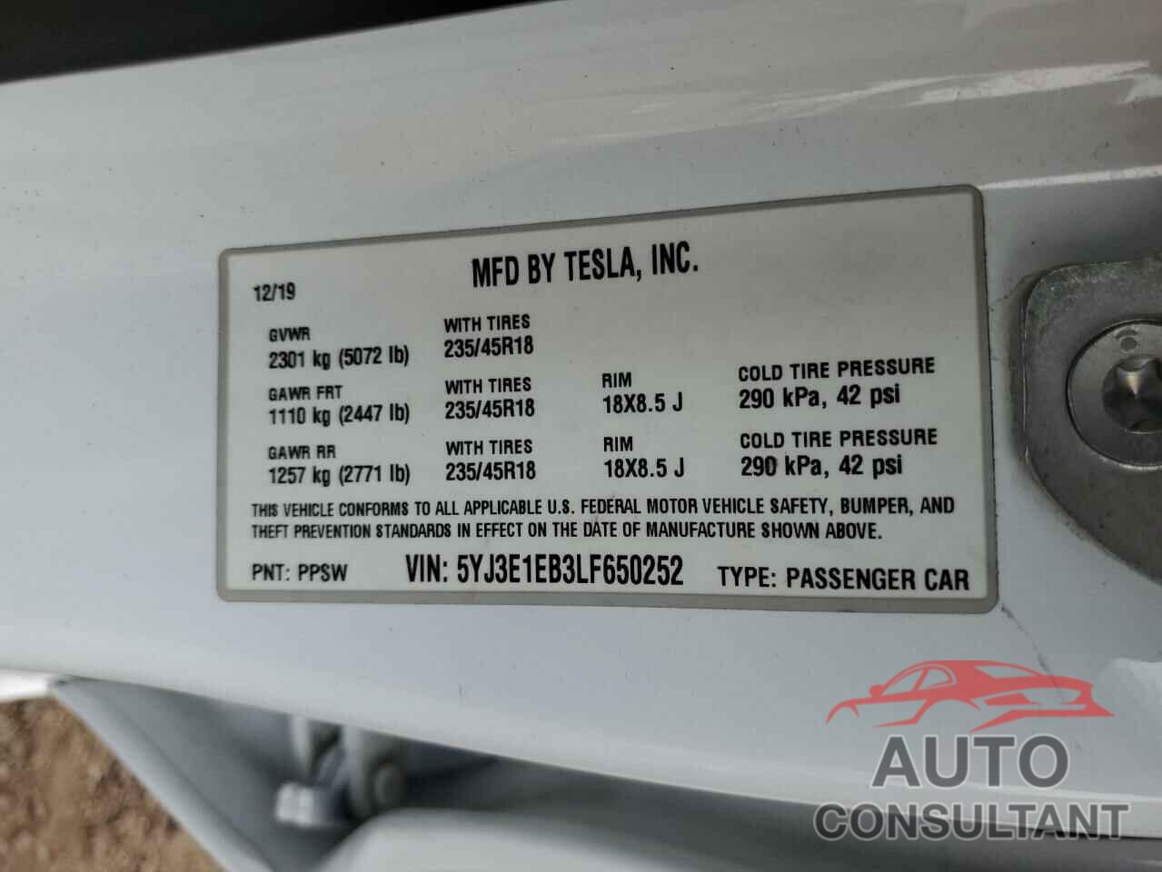 TESLA MODEL 3 2020 - 5YJ3E1EB3LF650252
