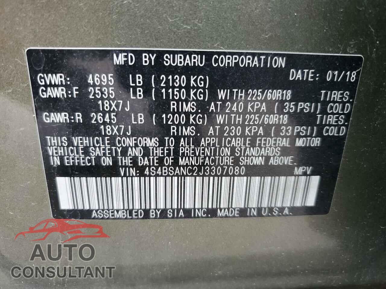 SUBARU OUTBACK 2018 - 4S4BSANC2J3307080