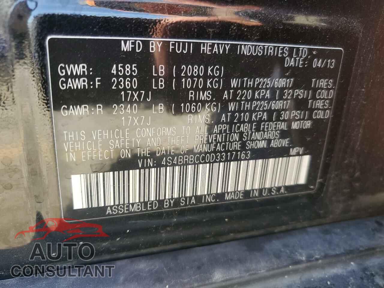SUBARU OUTBACK 2013 - 4S4BRBCC0D3317163