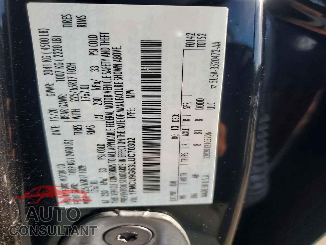 FORD ESCAPE 2020 - 1FMCU9G63LUC70302