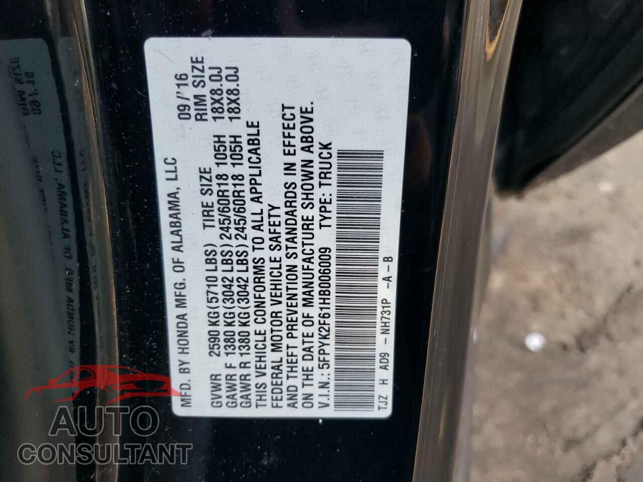 HONDA RIDGELINE 2017 - 5FPYK2F61HB006009