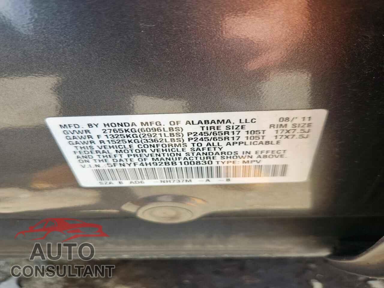 HONDA PILOT 2011 - 5FNYF4H92BB100830