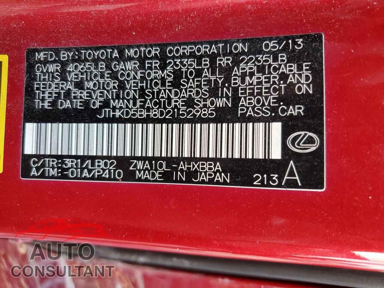 LEXUS CT 200 2013 - JTHKD5BH8D2152985