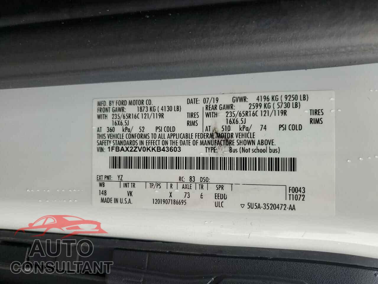 FORD TRANSIT 2019 - 1FBAX2ZV0KKB43603