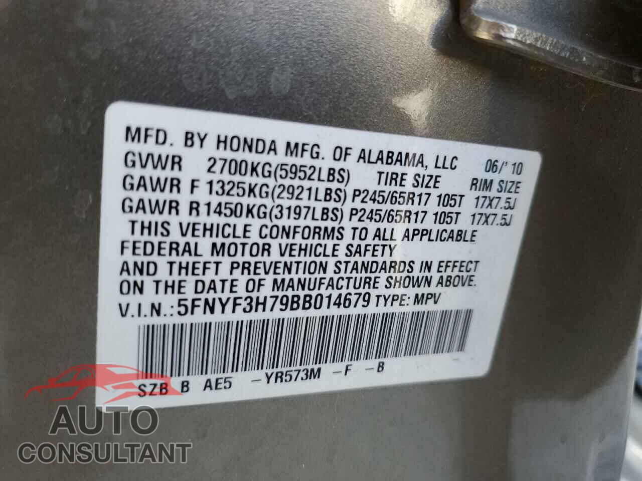 HONDA PILOT 2011 - 5FNYF3H79BB014679