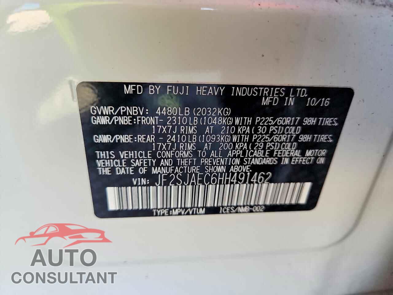 SUBARU FORESTER 2017 - JF2SJAEC6HH491462