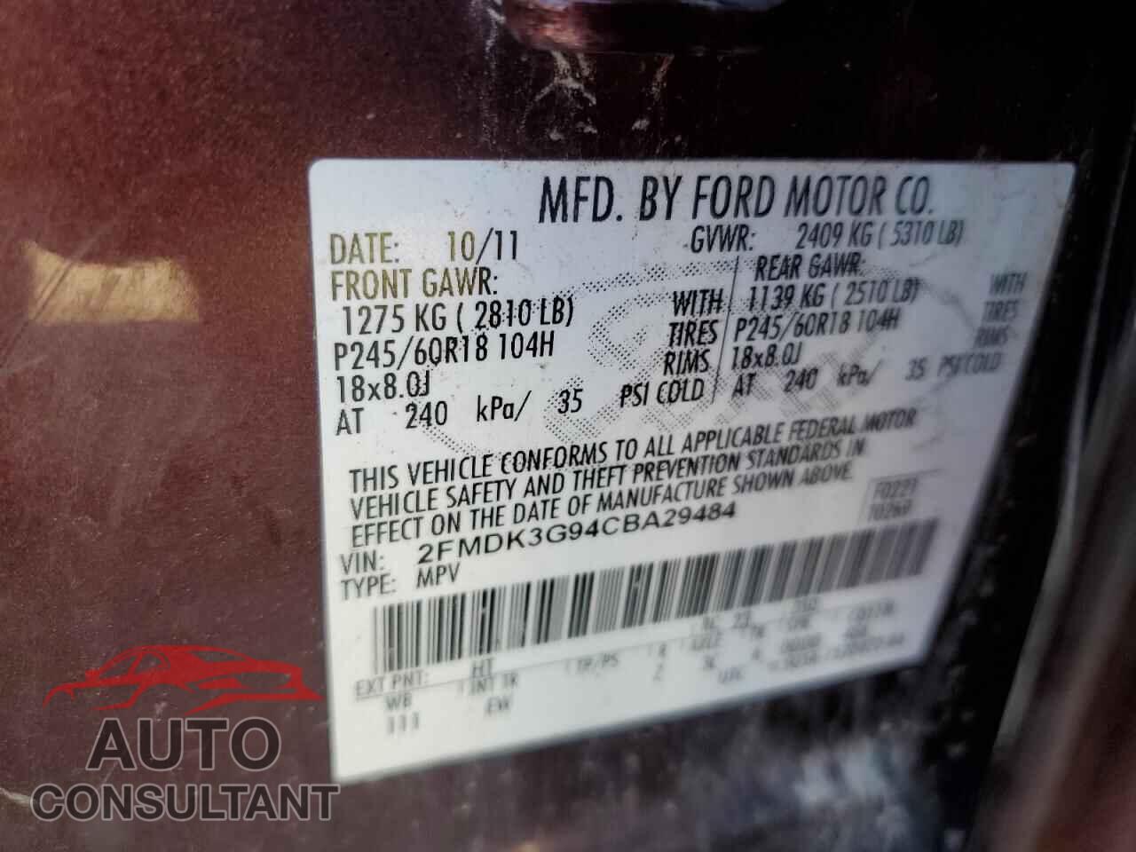 FORD EDGE 2012 - 2FMDK3G94CBA29484