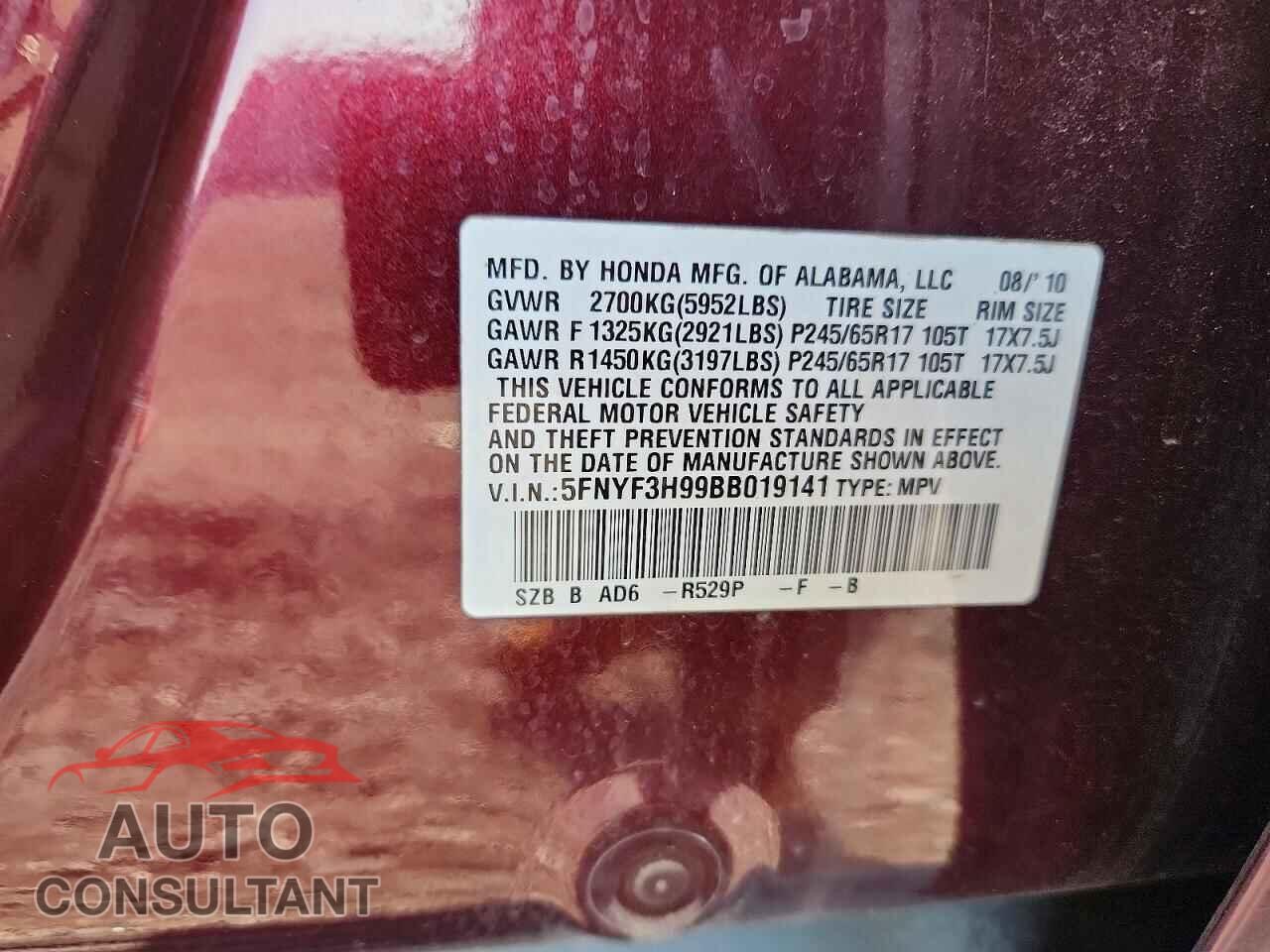 HONDA PILOT 2011 - 5FNYF3H99BB019141