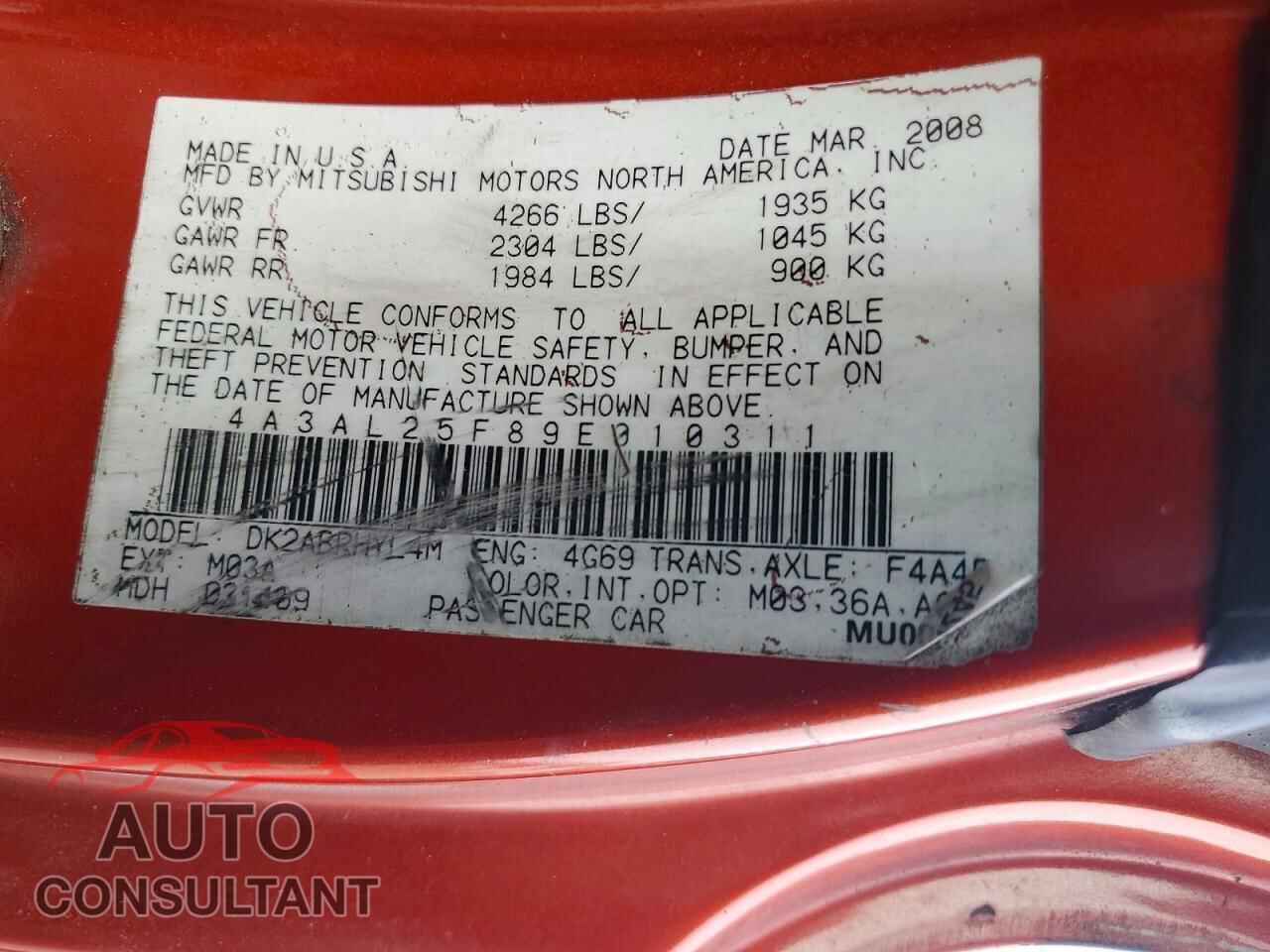 MITSUBISHI ECLIPSE 2009 - 4A3AL25F89E010311