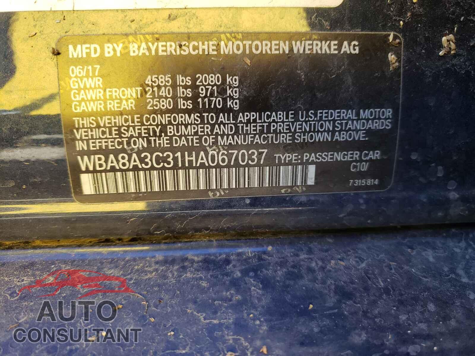 BMW 3 SERIES 2017 - WBA8A3C31HA067037