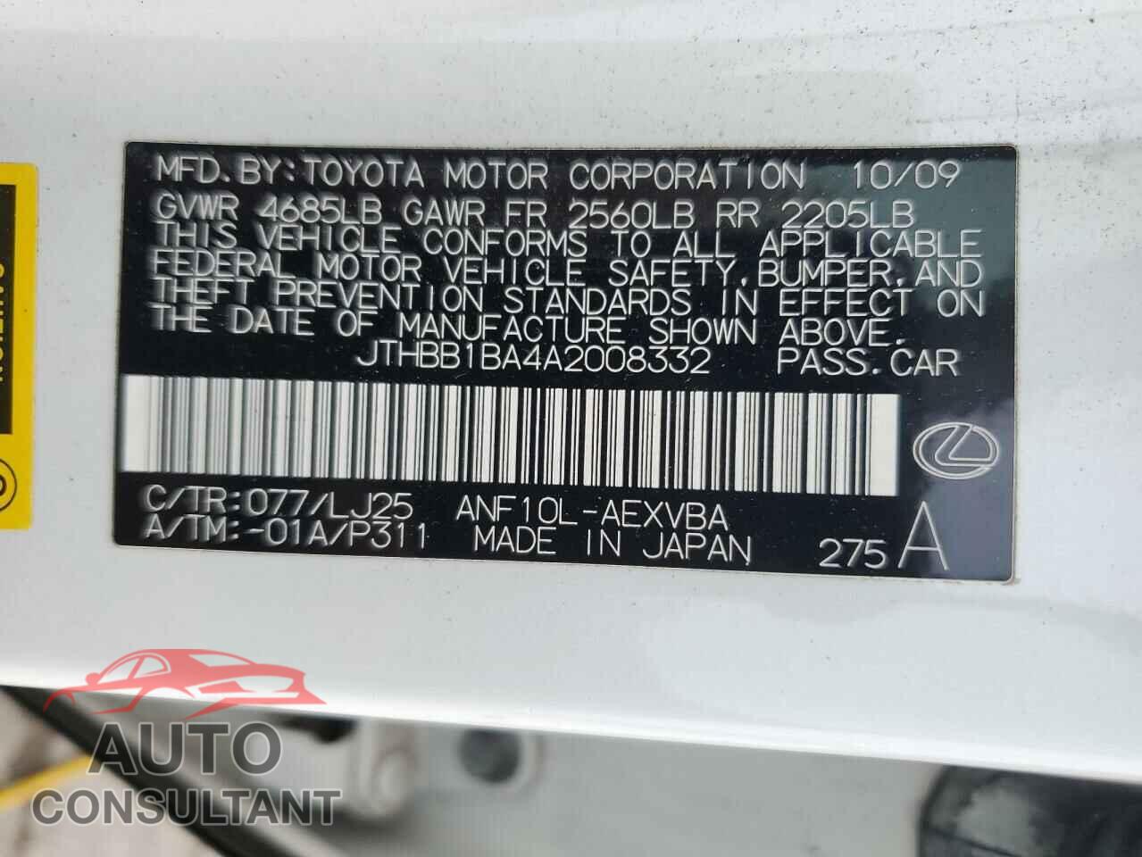LEXUS HS 2010 - JTHBB1BA4A2008332