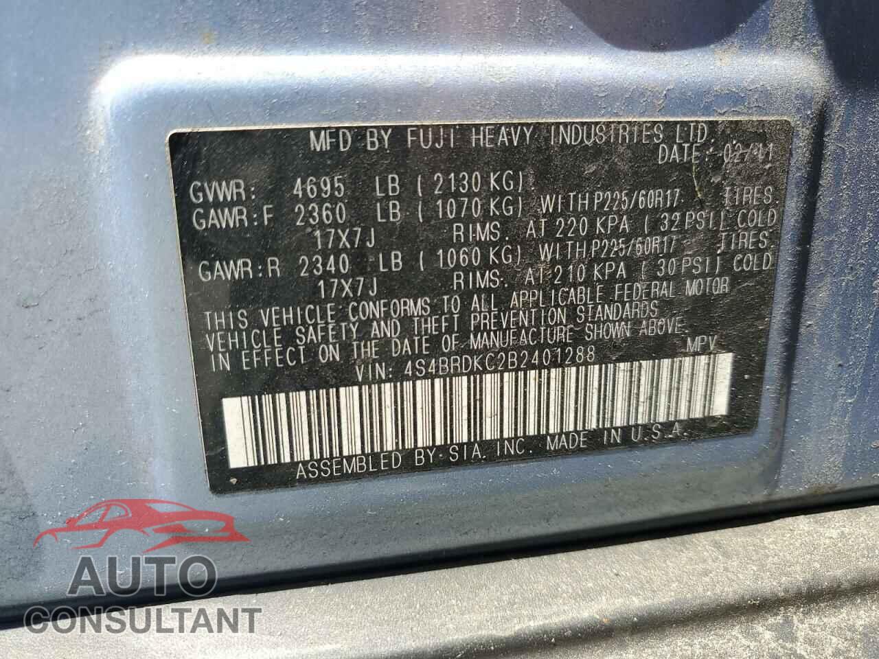 SUBARU OUTBACK 2011 - 4S4BRDKC2B2401288