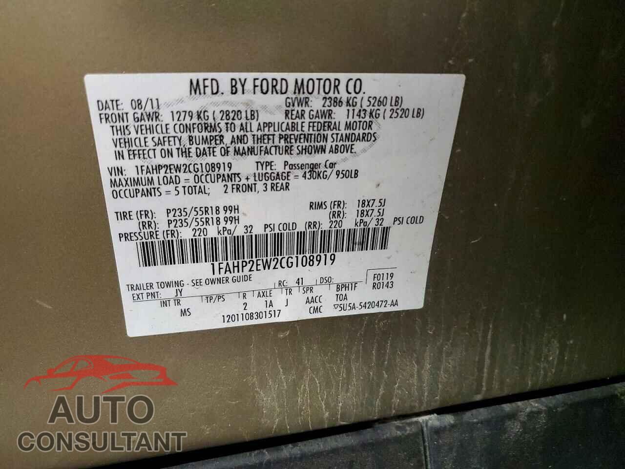 FORD TAURUS 2012 - 1FAHP2EW2CG108919