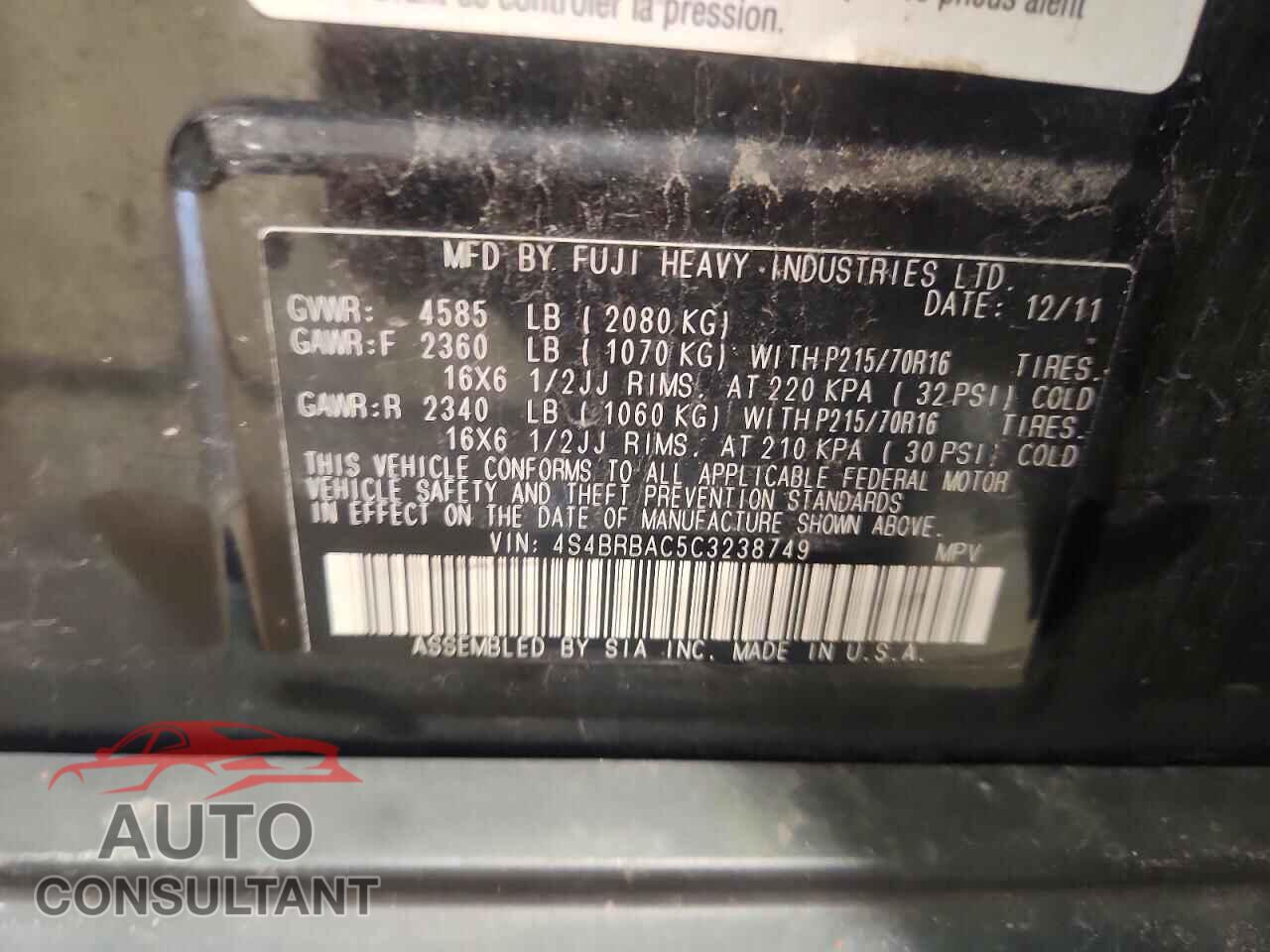 SUBARU OUTBACK 2012 - 4S4BRBAC5C3238749