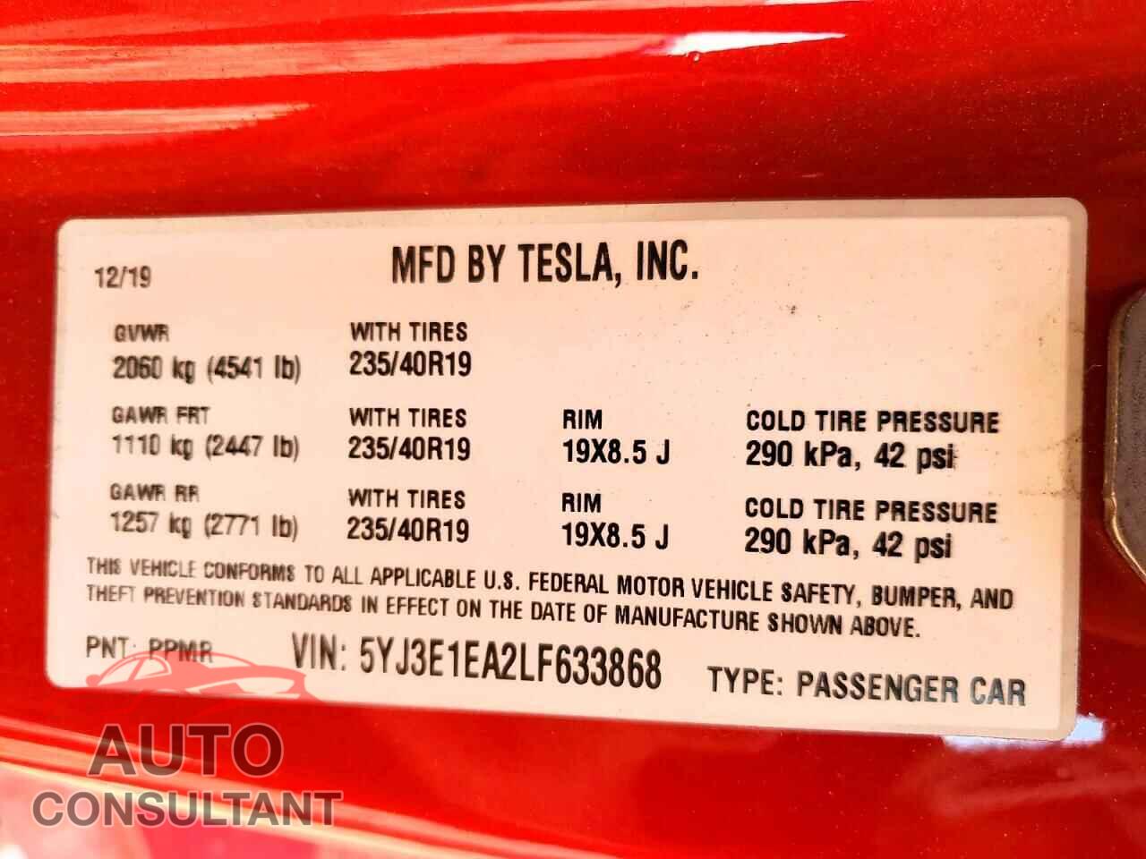 TESLA MODEL 3 2020 - 5YJ3E1EA2LF633868