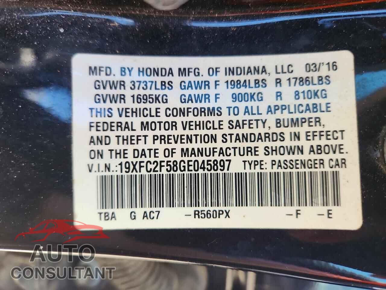 HONDA CIVIC 2016 - 19XFC2F58GE045897