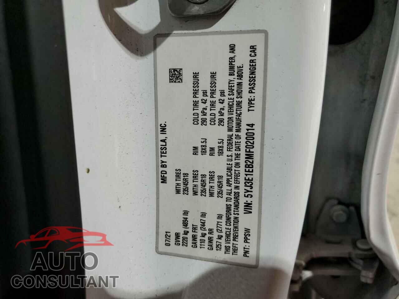TESLA MODEL 3 2021 - 5YJ3E1EB2MF020014