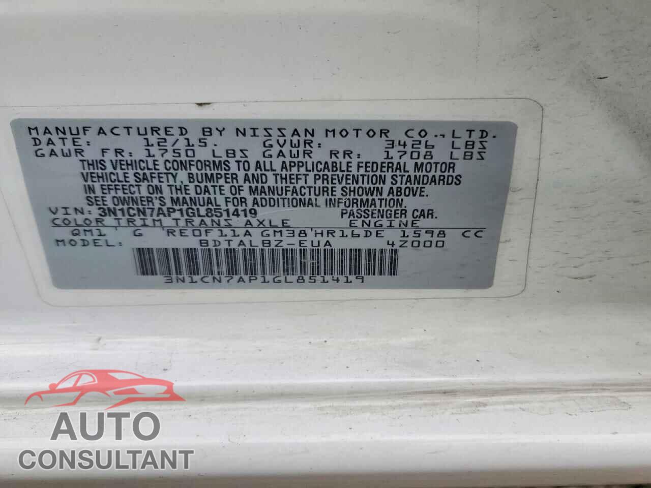NISSAN VERSA 2016 - 3N1CN7AP1GL851419