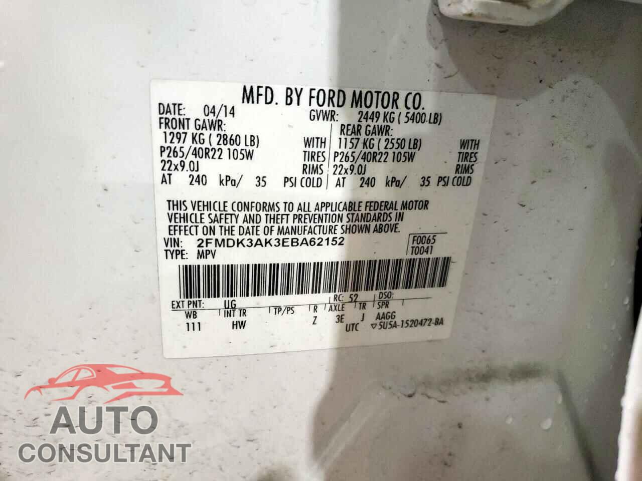FORD EDGE 2014 - 2FMDK3AK3EBA62152