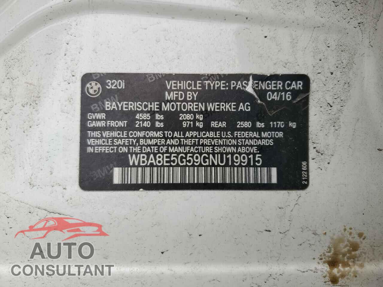 BMW 3 SERIES 2016 - WBA8E5G59GNU19915
